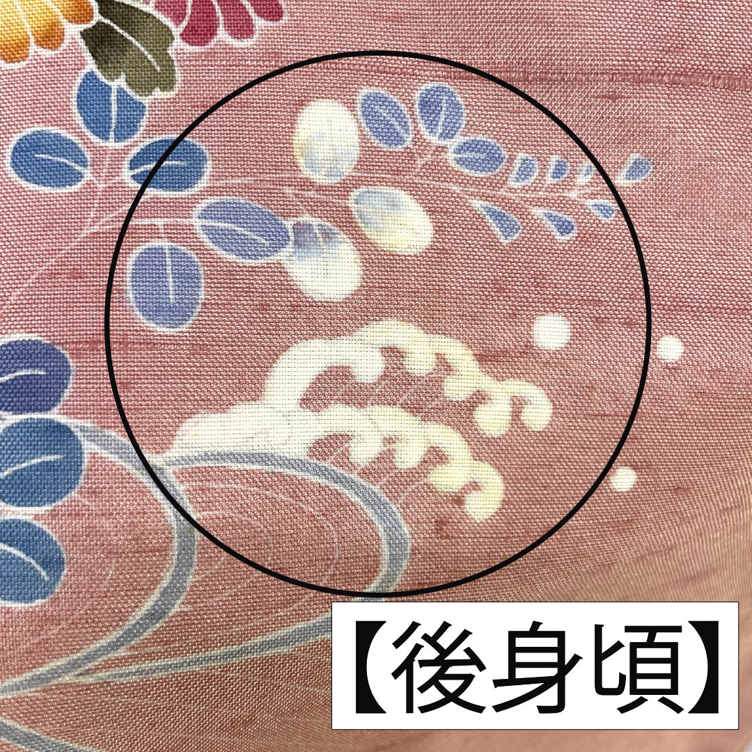 訪問着 正絹 Bランク 袷 身丈167cm 裄丈66cm 似桃色（にせももいろ） 牛首紬 京加賀友禅 付下げ 作家物 草花 ピンク系 1112007544513