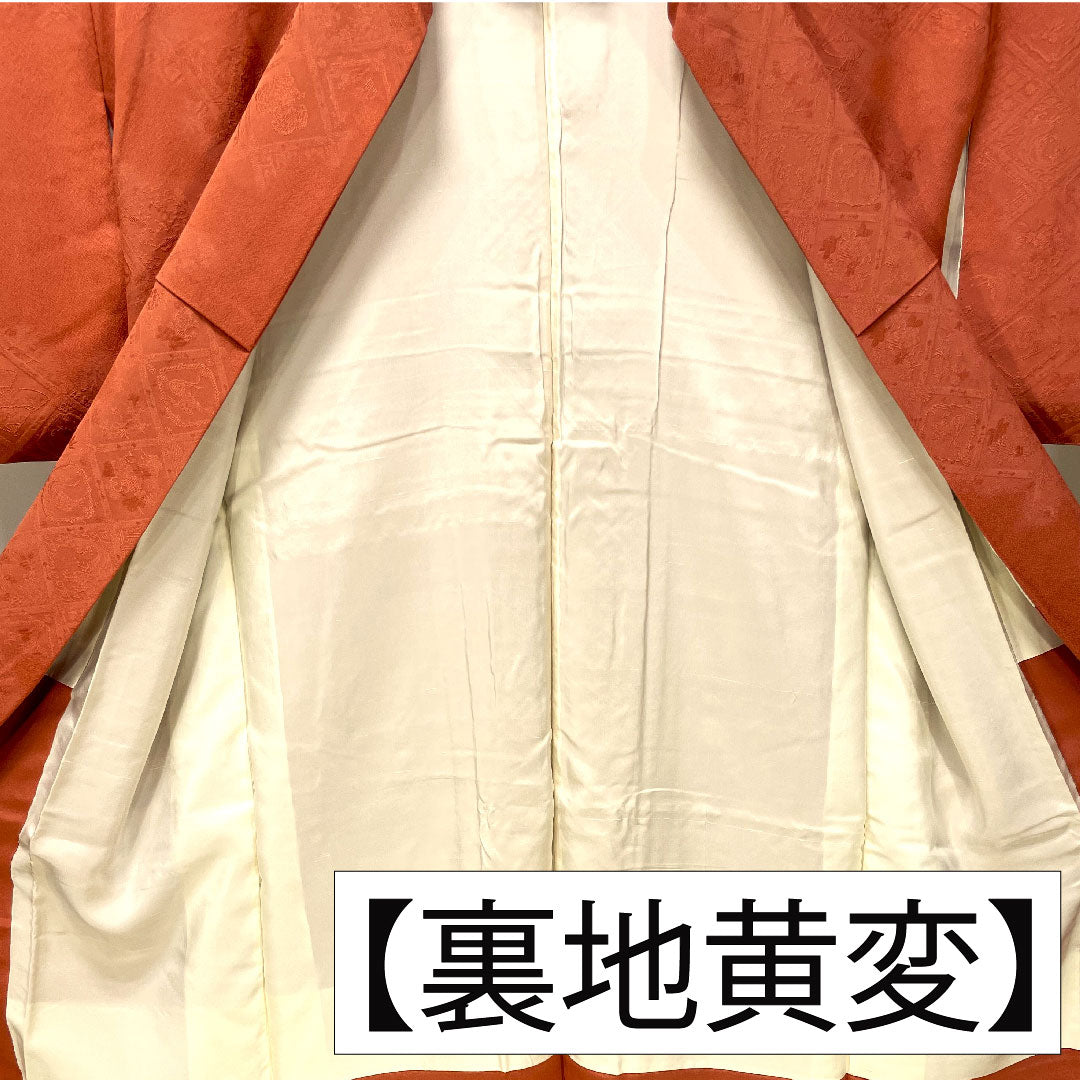 色無地 正絹 身丈160cm 裄丈66cm 中紅色（なかべにいろ） 一つ紋 中陰桔梗 袷 Aランク 朱系 1114001343416