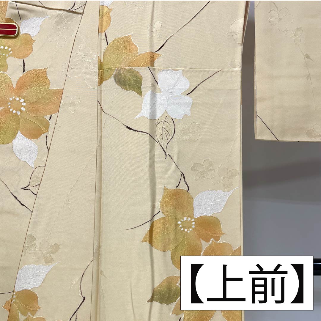 小紋 正絹 身丈160.5cm 裄丈64.5cm 袷 麴色（こうじいろ） 地紋起こし 洋花 Aランク クリーム系 1115006153415