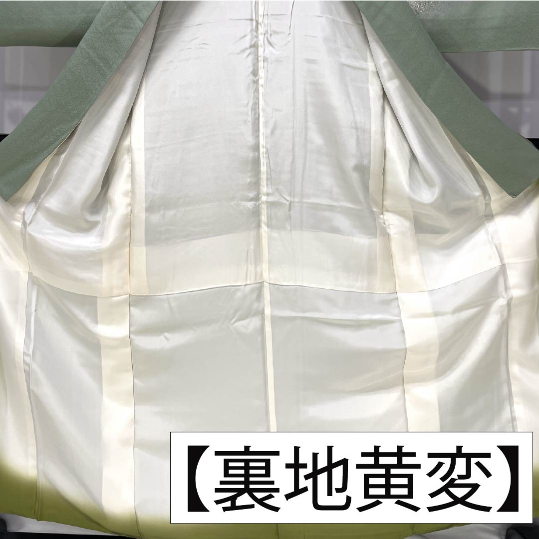 訪問着 正絹 Aランク 袷 身丈155cm 裄丈58.5cm 裏葉色（うらはいろ） 螺鈿煌彩 金彩加工 吉祥文様 丹後ちりめん 八丁水撚り 緑系 1112007423319