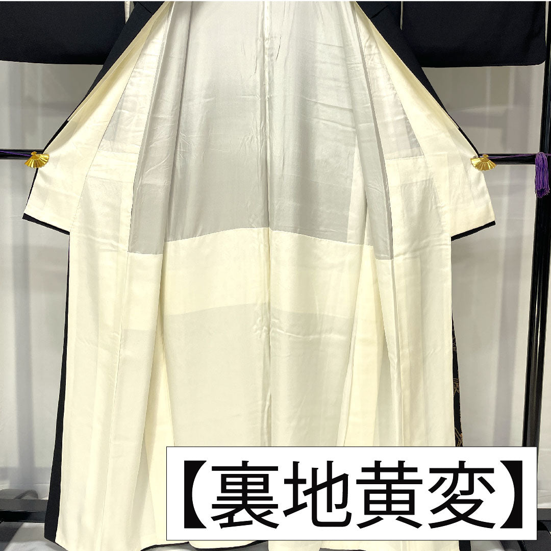 Black formal kimono, pure silk, length 162cm, sleeve length 64cm, lined, gold leaf embroidery, crane, five crests, three oak leaves in a circle, B grade, black, 1111001444410