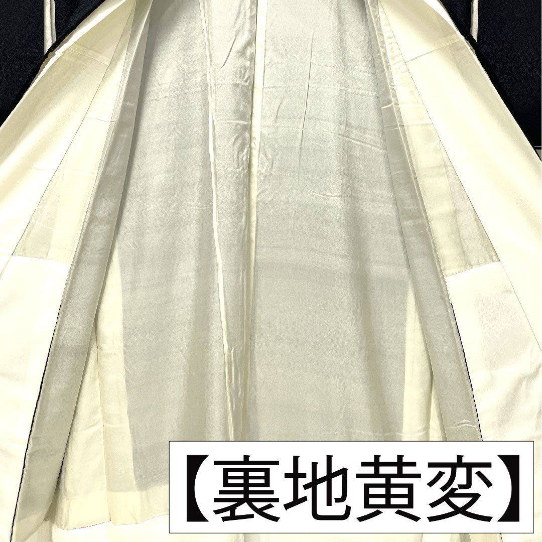 Black formal kimono, pure silk, length 164.5cm, sleeve length 63cm, lined, Kyoto yuzen, wave, fan, plum, five crests, five-three paulownia, A rank, black, 1111001523410