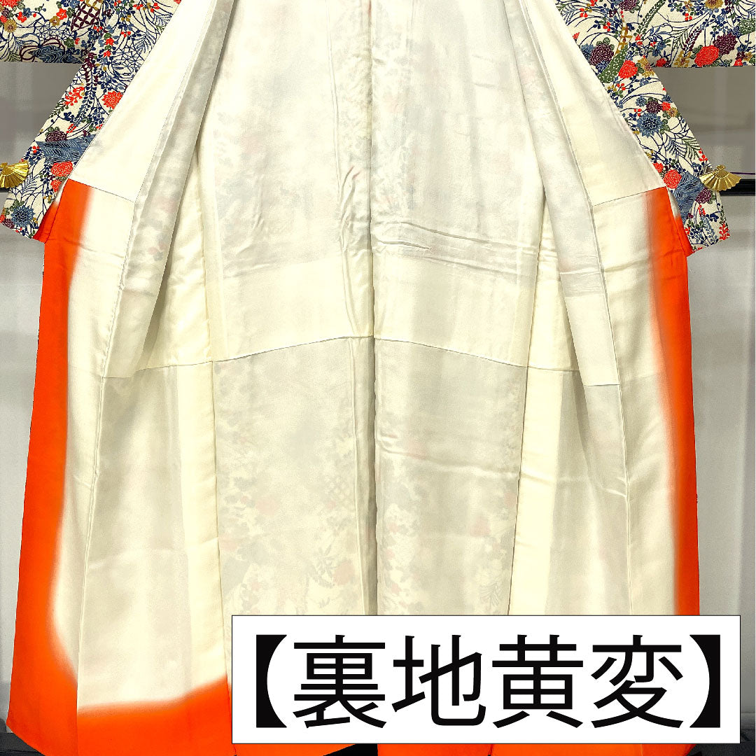 小紋 正絹 身丈154cm 裄丈63cm 袷 乳白色（にゅうはくしょく） 京紅型 吉祥文様 Bランク クリーム系 1115004844215