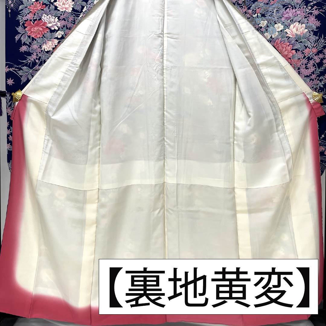 Pure silk furisode (long-sleeved kimono) - Grade A, length 159cm, sleeve length 63cm, lined, in navy blue with bellflower and plum blossom motifs in Kyoto Yuzen. Product code: 1113002623318