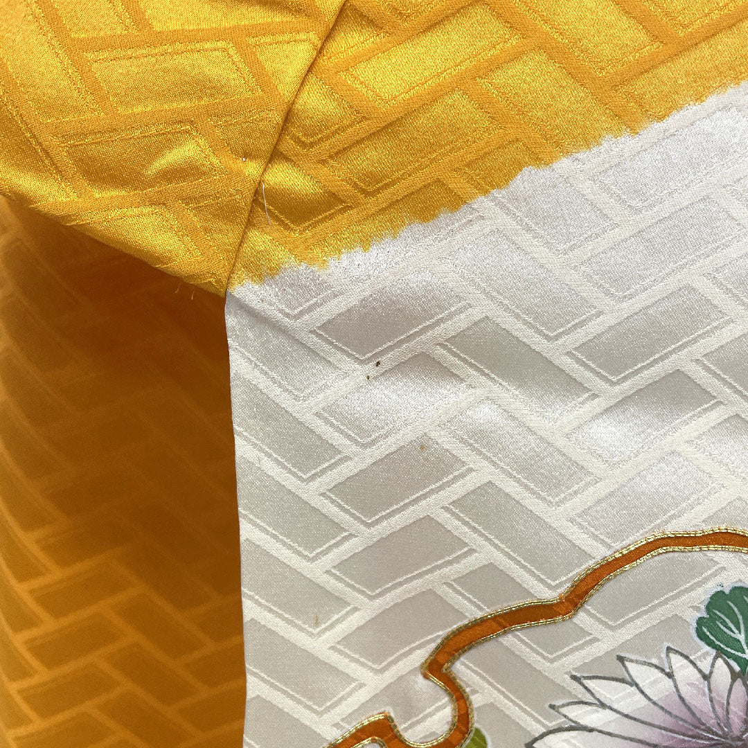 振袖 雪輪に草花 絞り 身丈156cm 裄丈62cm 正絹 Bランク  袷 黄系 1113000272323