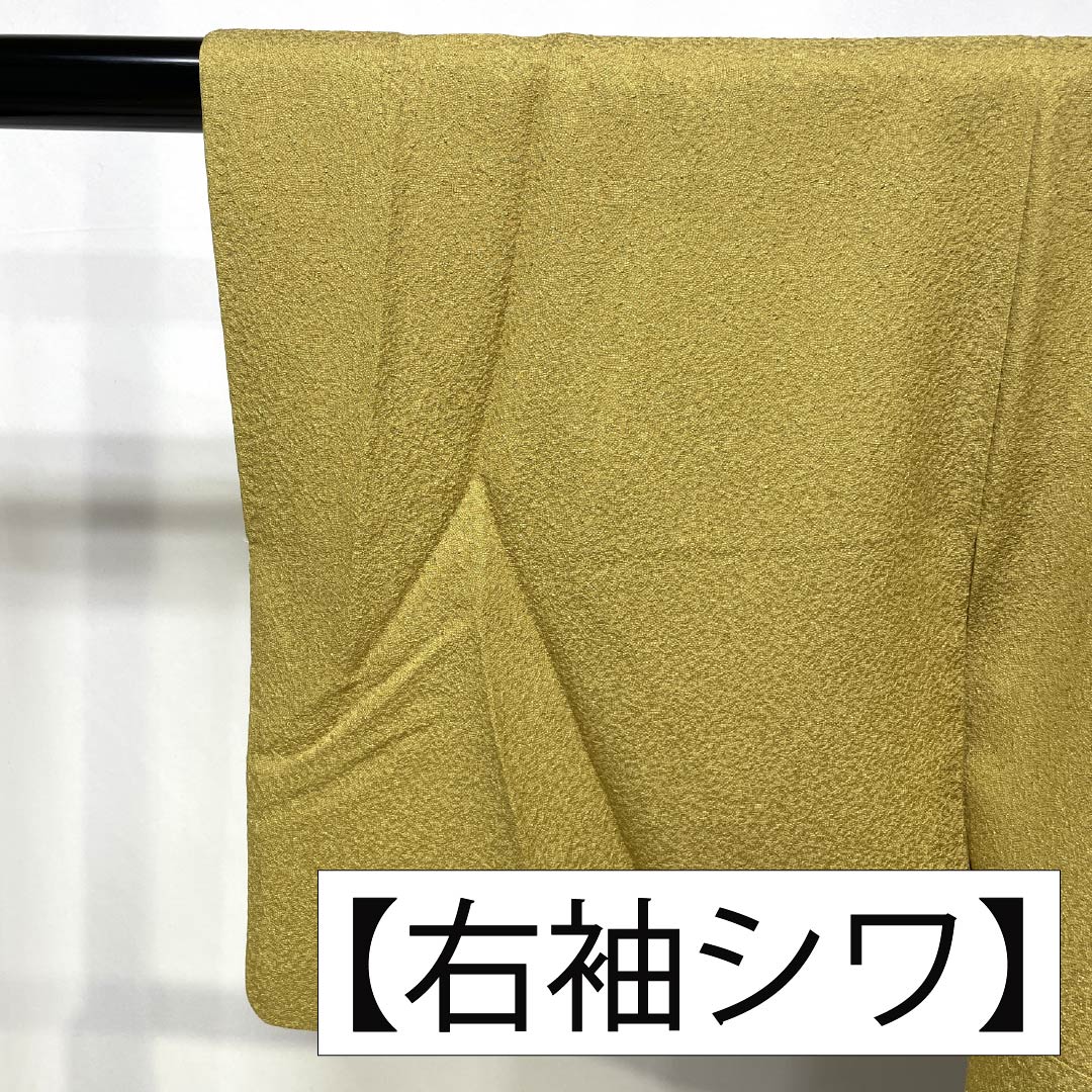 色無地 正絹 Aランク 身丈161.5cm 裄丈64.5cm 唐金色（からかねいろ） 丸に角立四ツ目 一つ紋 鮫柄 袷 黄系 1114002613423