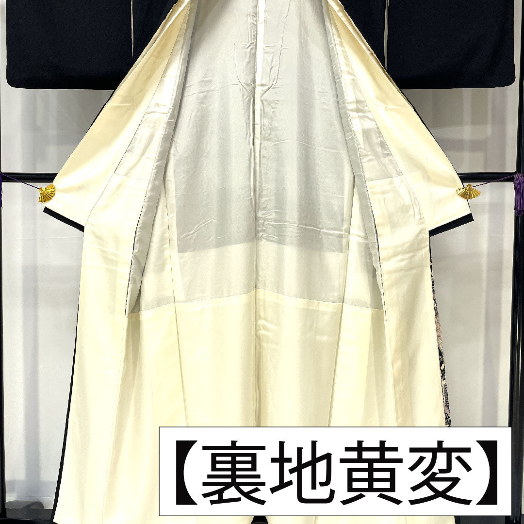 Black formal kimono, pure silk, length 154cm, sleeve length 61.5cm, lined, Kyoto Yuzen, pine, bamboo and plum, folding screen, five crests, circle with ivy, A rank, black, 1111001653210