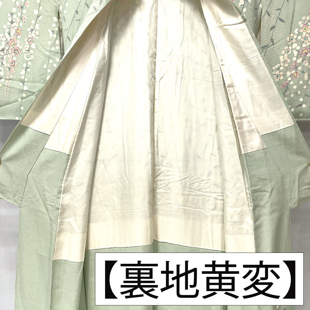 訪問着 正絹 袷 身丈165cm 裄丈63.5cm 白緑色（びゃくろくいろ） 加賀友禅 作家物 一つ紋 中陰五瓜 Aランク 緑系 1112005713519