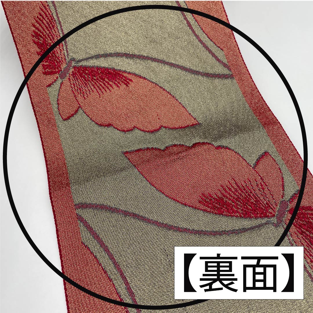 半幅帯 ポリエステル ワインレッド色 蝶 帯丈344cm 紫系 Aランク 1125001743320