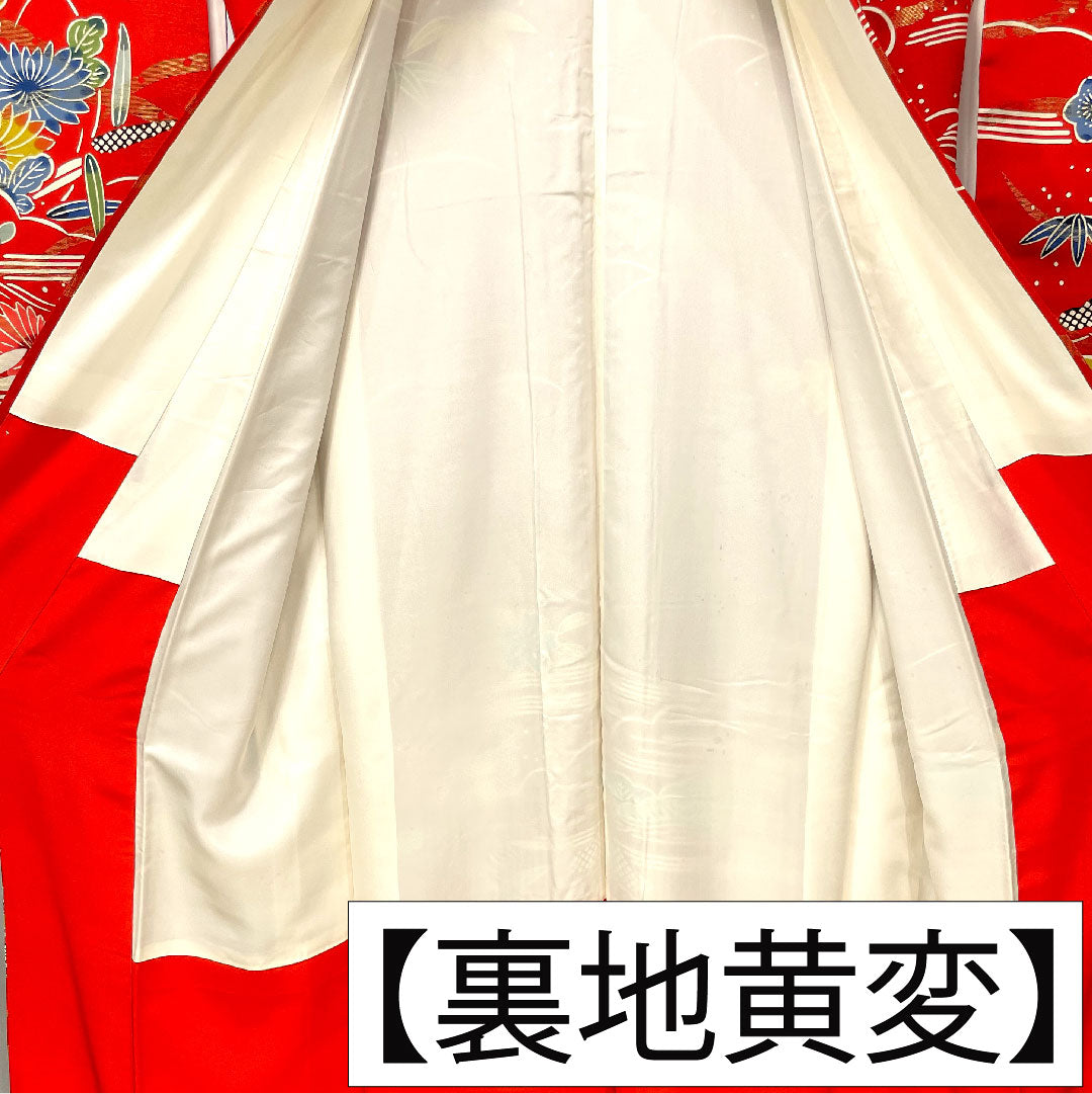 振袖 正絹 身丈160cm 裄丈62.5cm 袷 土耳古赤色（とるこあかいろ） 金通し 露芝 草花模様 Aランク 赤系 1113002043412