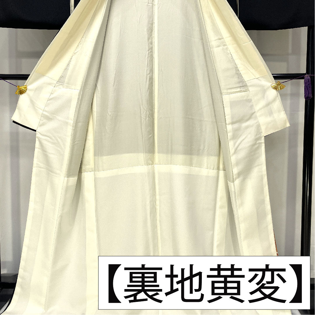 Black formal kimono, pure silk, length 169cm, sleeve length 67.5cm, lined, Kyoto Yuzen, auspicious pattern, five crests, five-three paulownia, A rank, black, 1111001473510