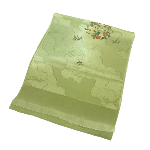 帯揚げ 正絹 Sランク セミフォーマル 利休白茶色（りきゅうしらちゃいろ） 裏柳色（うらやなぎいろ） 古典柄 花柄 長さ約156cm 幅約31cm 緑系 1136001612919