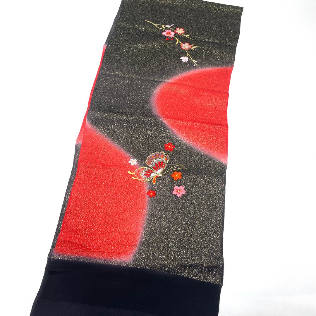 帯揚げ 正絹 Sランク フォーマル 蝶 桜 刺繍 金糸 長さ約178cm 幅約30cm 黒系 1136002642910