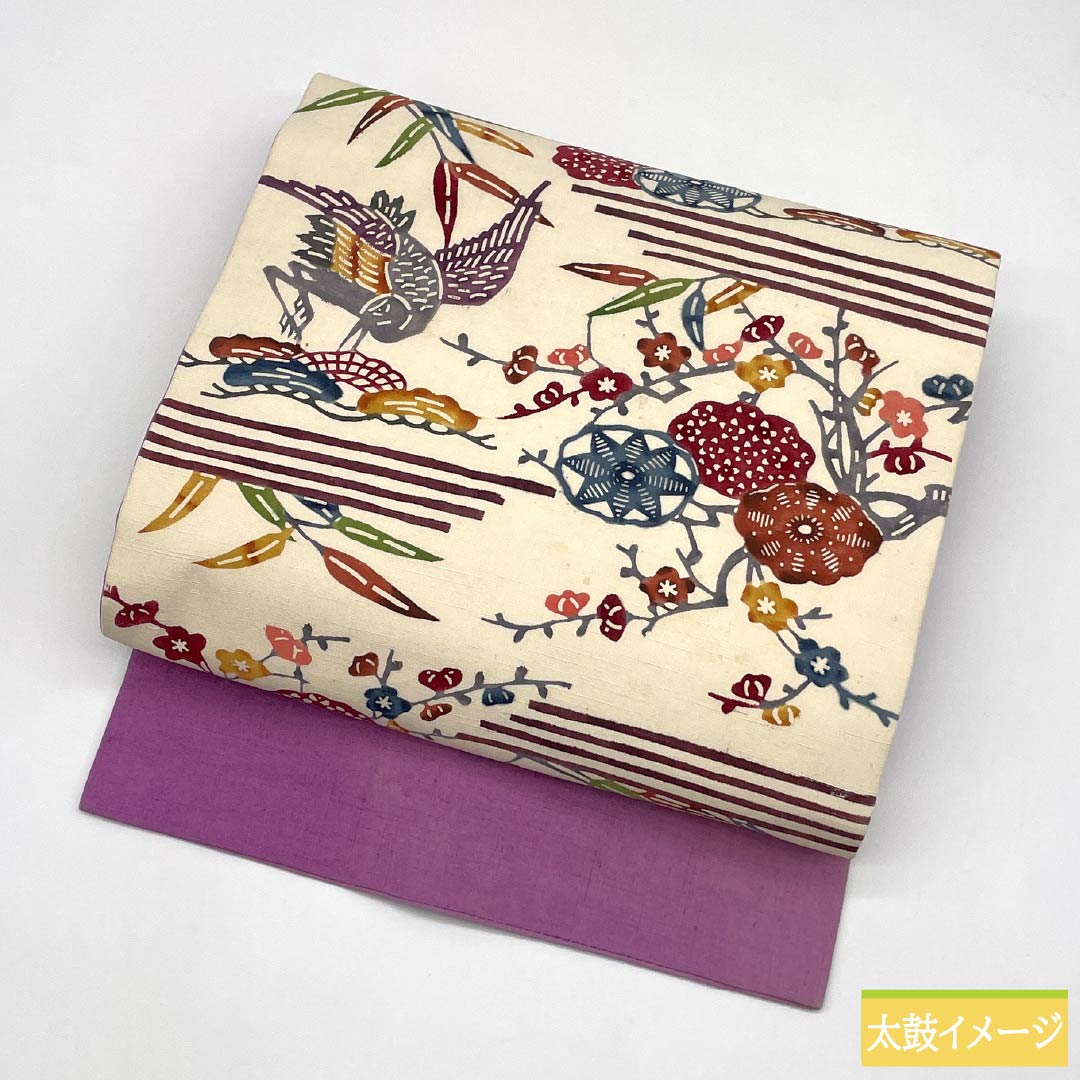 名古屋帯 正絹 Bランク 京紅型 紬地 染め帯 琉球模様 帯丈375cm 六通 カジュアル 白系 1124009854311 名古屋仕立て