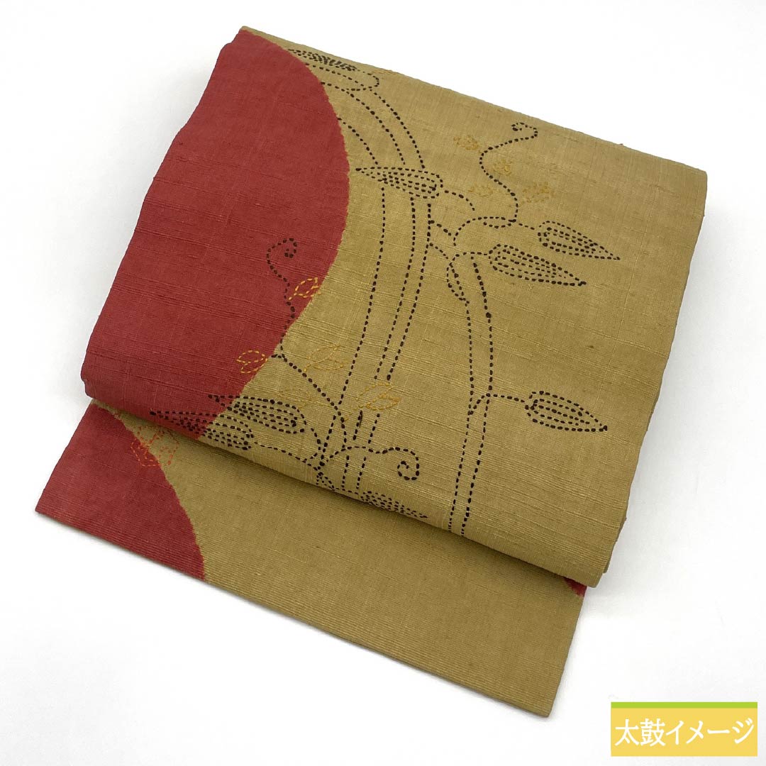 名古屋帯 正絹 Sランク 麦藁色（むぎわらいろ） 刺し子刺繍 草花模様 紬地 帯丈379cm ポイント柄 カジュアル 黄系 1124010022323 名古屋仕立て