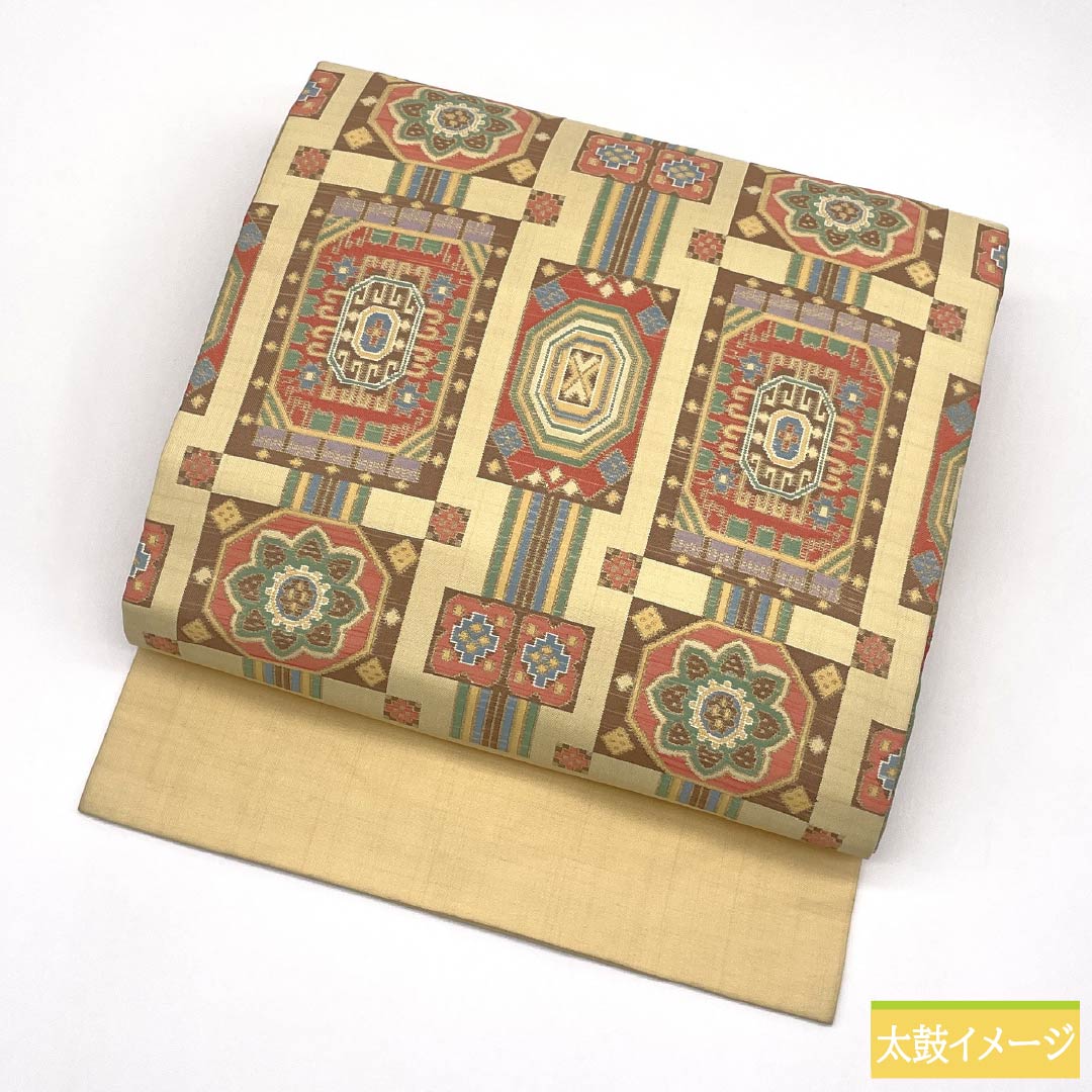 名古屋帯 正絹 Sランク 密陀僧色（みつだそういろ） 西陣織 幾何学模様  帯丈369cm ポイント柄 カジュアル 黄系 1124010412323 名古屋仕立て