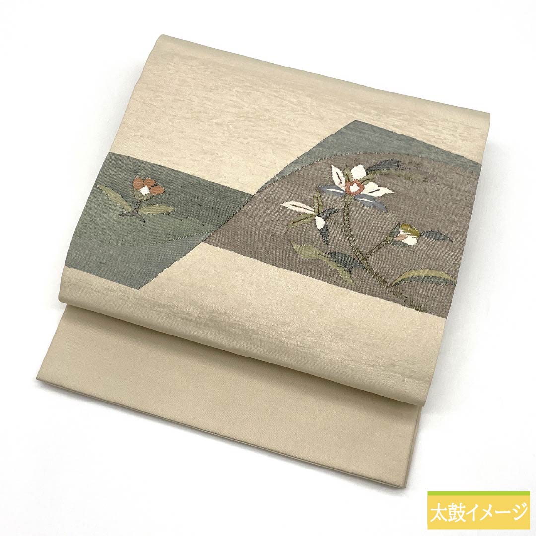 名古屋帯 正絹 Sランク 蕎麦切色（そばきりいろ） すくい織 草花模様 帯丈378cm ポイント柄 カジュアル ベージュ系 1124010052325 開き仕立て