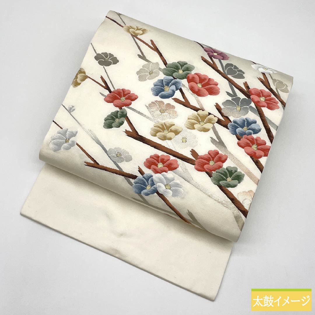 名古屋帯 正絹 Aランク 山茶花 西陣織 紬地 帯丈363cm ポイント柄 カジュアル 白系 1124010153311 名古屋仕立て