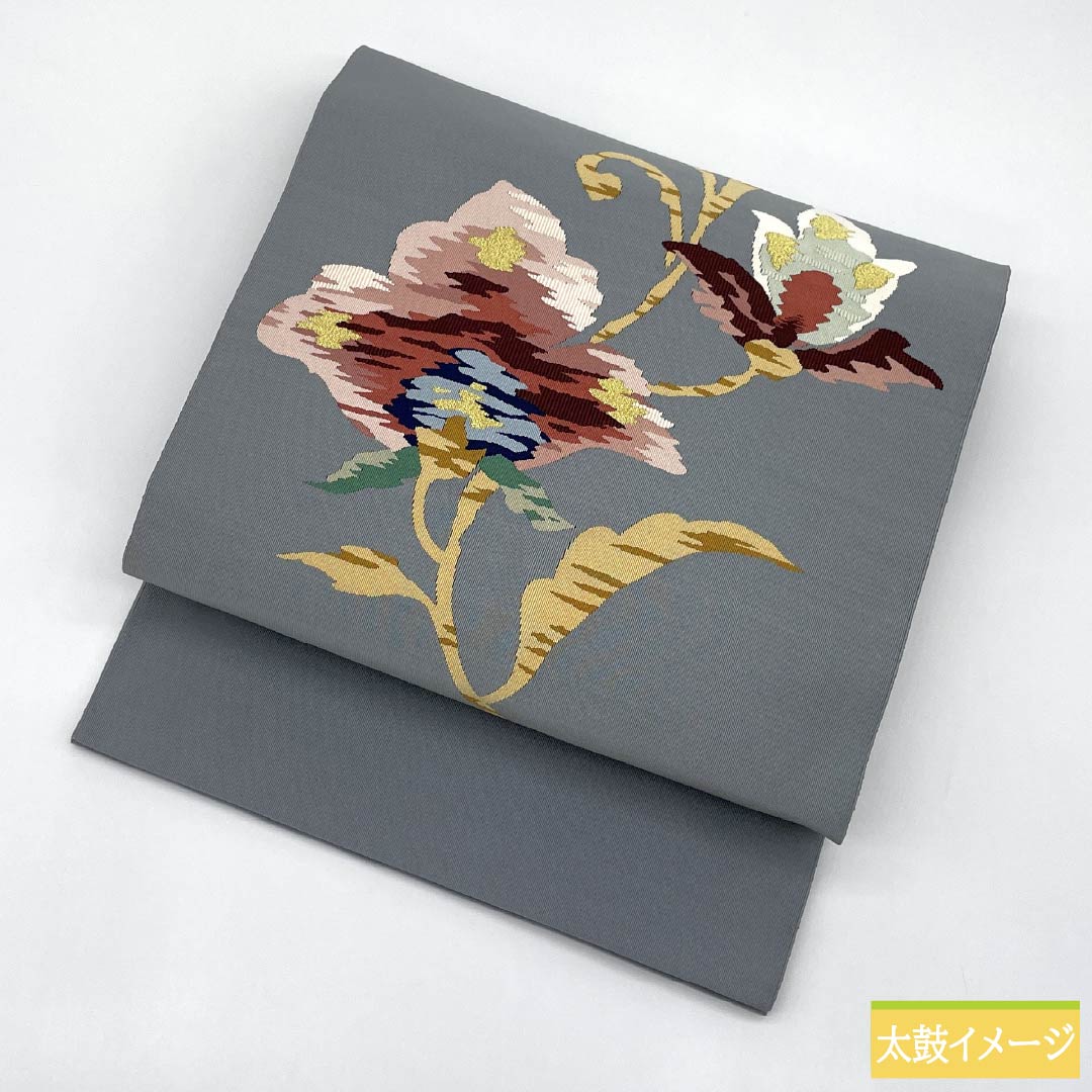 名古屋帯 正絹 Sランク 灰青色（はいあおいろ） 綴れ織 抽象花模様 帯丈356cm ポイント柄 セミフォーマル グレー系 1124010362322 松葉仕立て