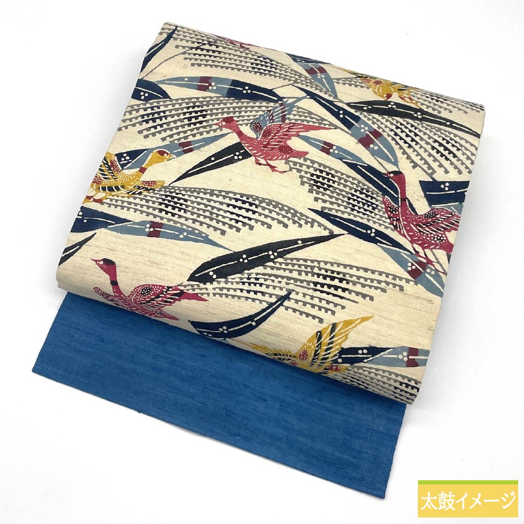 名古屋帯 正絹 Bランク 生成り色（きなりいろ） 京紅型 紬地 染め帯 帯丈373cm 六通 カジュアル クリーム系 1124009874315 名古屋仕立て