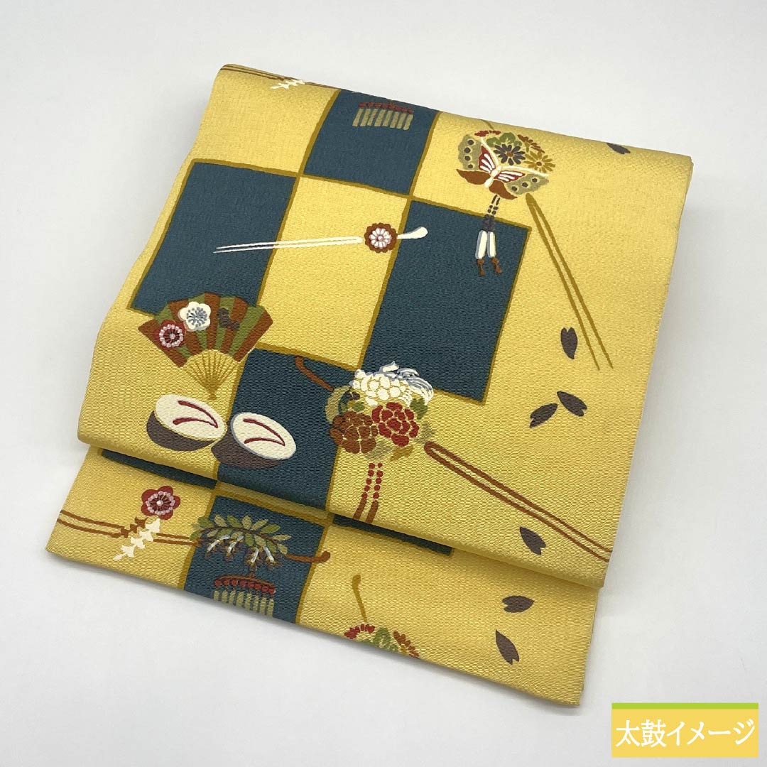 名古屋帯 正絹 Sランク 卵色（たまごいろ） 市松 染め帯 かんざし 帯丈350cm 全通 カジュアル 黄系 1124009962323 開き仕立て