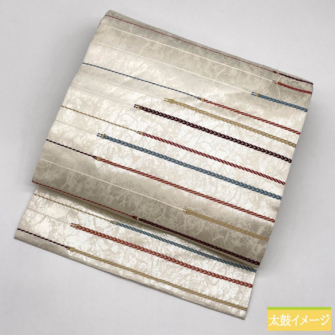 名古屋帯 正絹 Sランク 組紐模様 西陣織 引箔 帯丈358cm 六通 カジュアル 銀系 1124010142322 名古屋仕立て