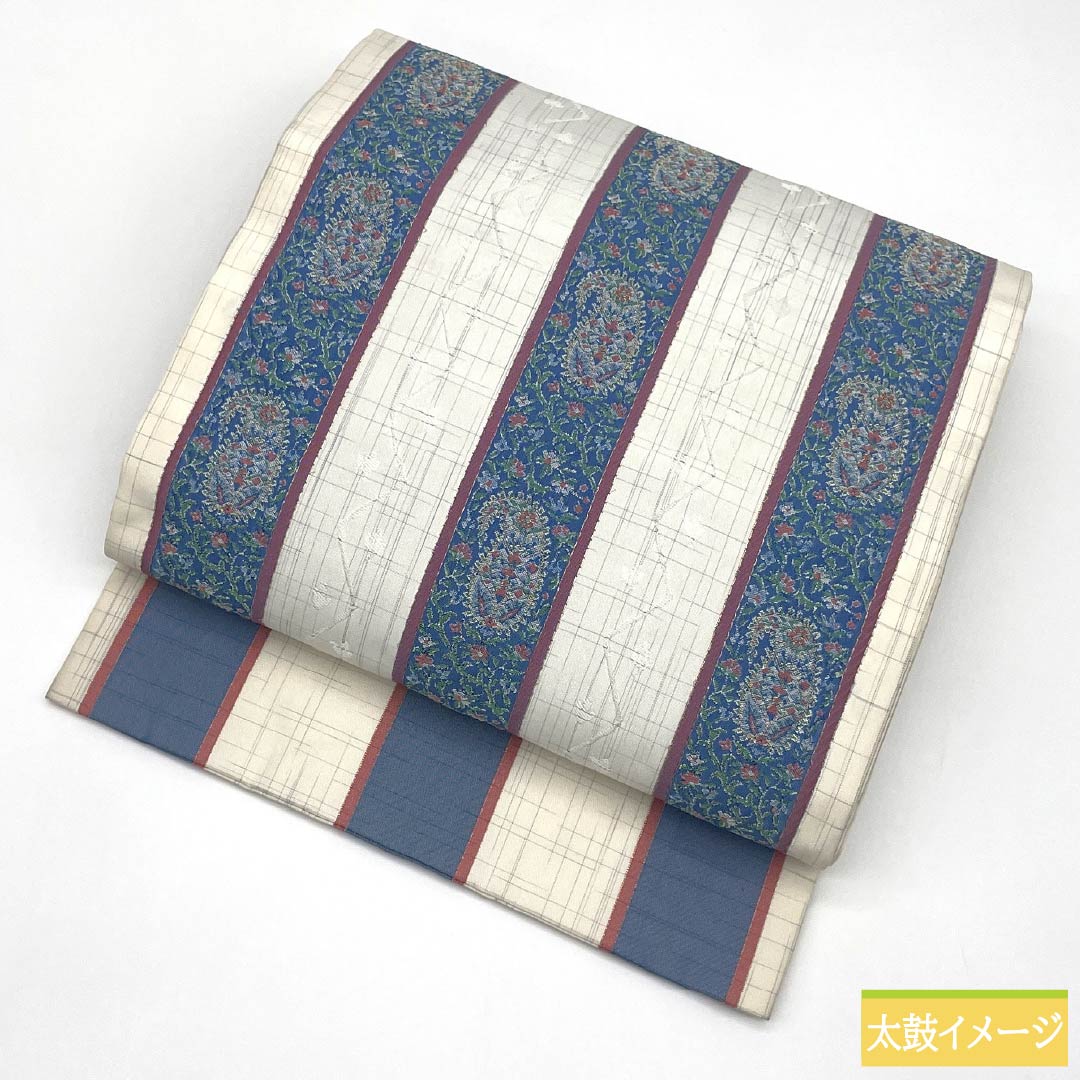 名古屋帯 正絹 Sランク 縞 西陣織 更紗模様 帯丈361cm ポイント柄 カジュアル 白系 1124010332311 名古屋仕立て