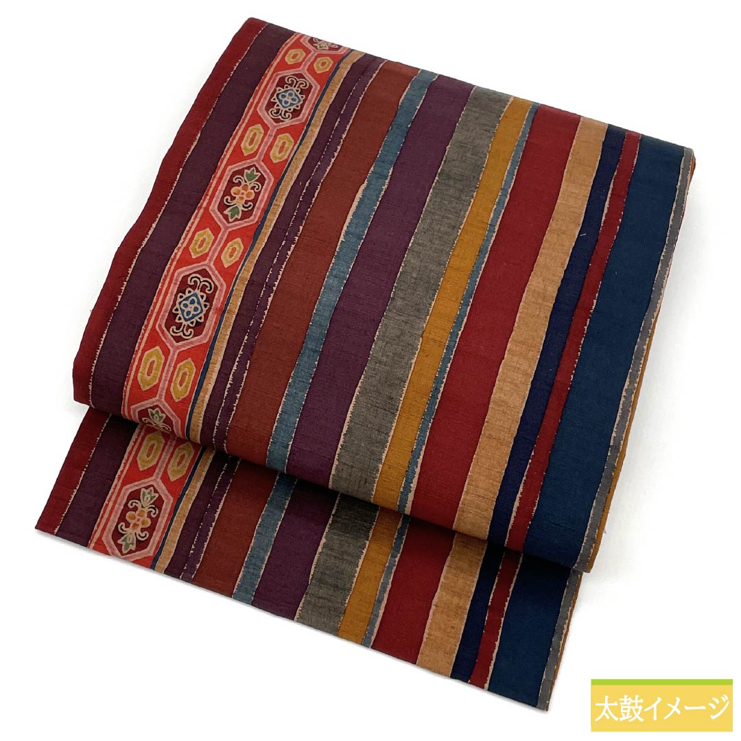 名古屋帯 正絹 Sランク 染め帯 紬地 縞 帯丈363cm 全通 カジュアル グラデーション系 1124010092399 名古屋仕立て