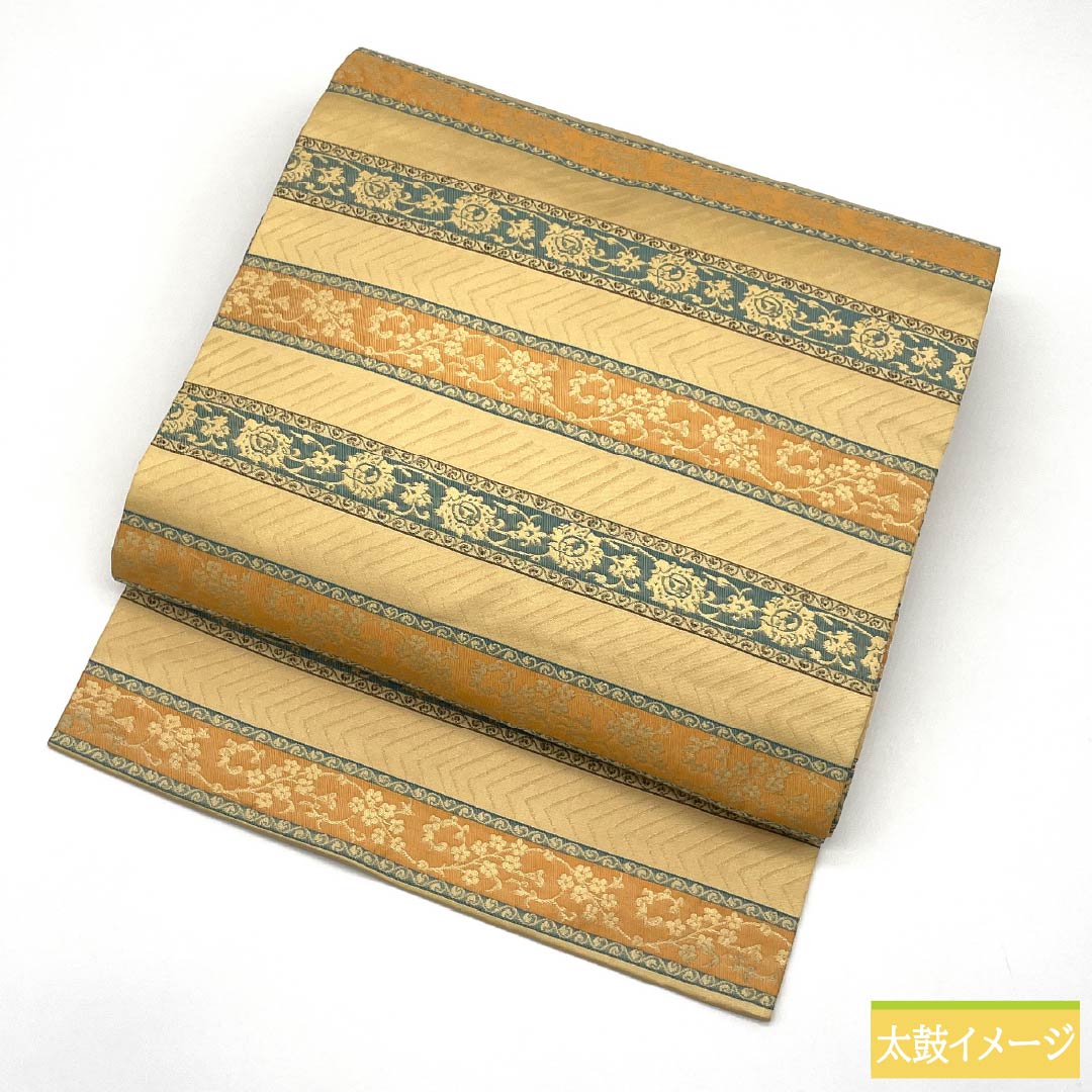 名古屋帯 正絹 Sランク 密陀僧色（みつだそういろ） 西陣織 正倉院文様 横段 帯丈358cm 全通 セミフォーマル 黄系 1124009972323 名古屋仕立て