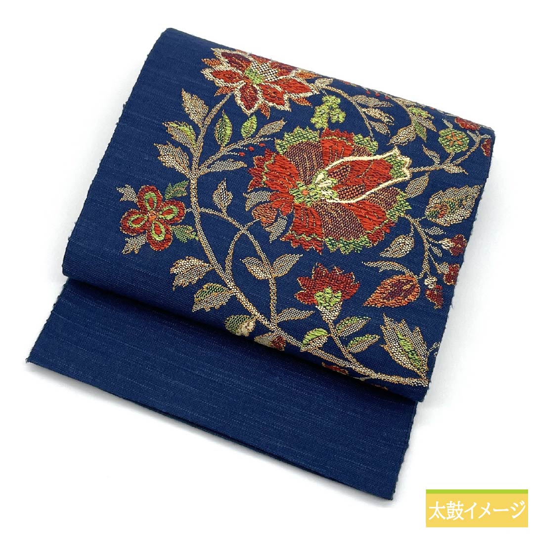 名古屋帯 正絹 Sランク 抽象花 西陣織 帯丈348cm ポイント柄 カジュアル 紺系 1124010122318 名古屋仕立て