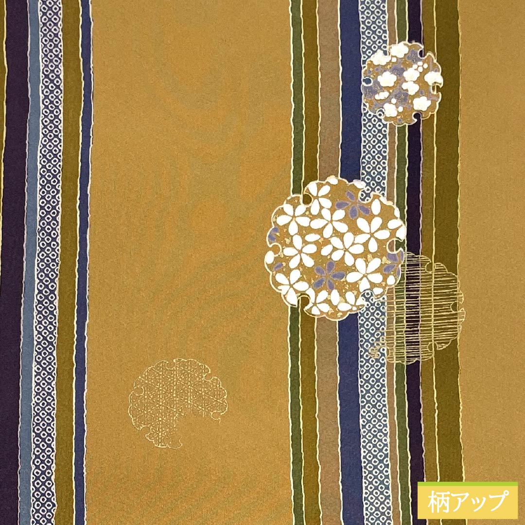 名古屋帯 正絹 Sランク 山吹鼠色（やまぶきねずいろ） 染め帯 雪輪 縞 帯丈375cm 全通 カジュアル 黄系 1124010042323 名古屋仕立て