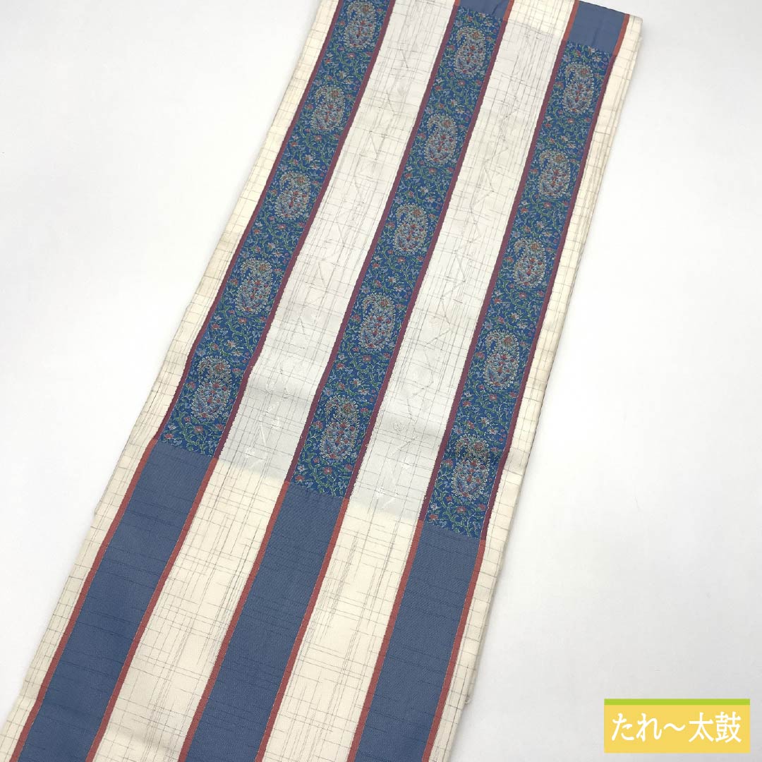 名古屋帯 正絹 Sランク 縞 西陣織 更紗模様 帯丈361cm ポイント柄 カジュアル 白系 1124010332311 名古屋仕立て