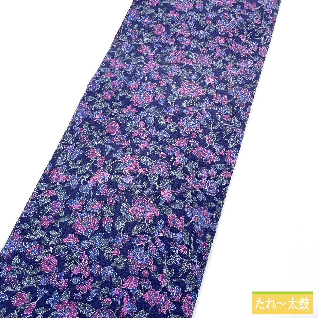 名古屋帯 正絹 Aランク 青紫色（あおむらさきいろ） 染め帯 ちりめん地 更紗模様 帯丈344cm 全通 カジュアル 紫系 1124010263320 開き仕立て