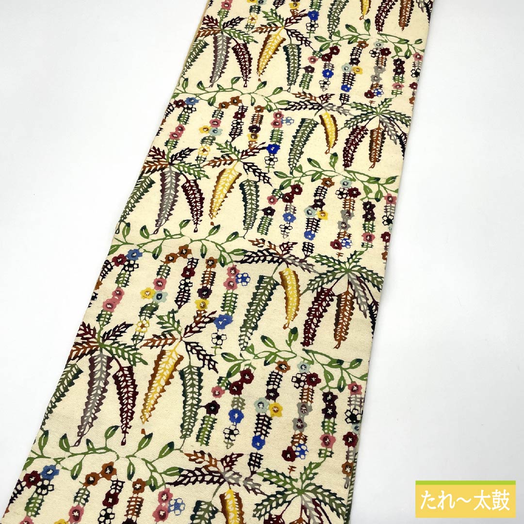 名古屋帯 正絹 Aランク 乳白色（にゅうはくしょく） 京紅型 染め帯 草花模様 帯丈332cm 六通 カジュアル クリーム系 1124009913315 名古屋仕立て