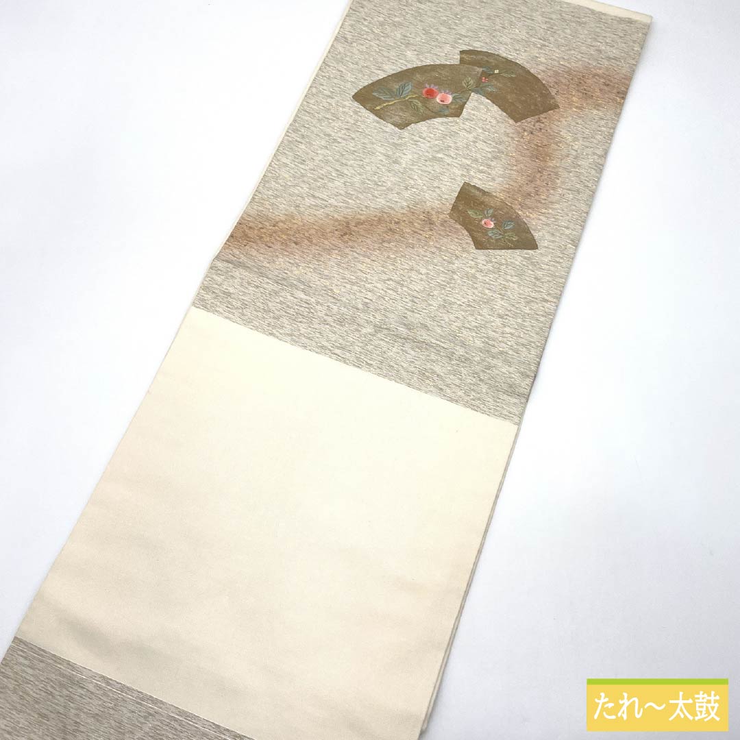 名古屋帯 正絹 Sランク 扇面 西陣織 刺繡 草花模様 帯丈355cm ポイント柄 セミフォーマル 白系 1124010312311 名古屋仕立て