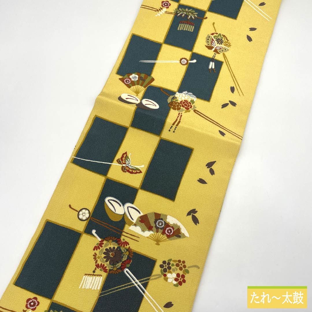 名古屋帯 正絹 Sランク 卵色（たまごいろ） 市松 染め帯 かんざし 帯丈350cm 全通 カジュアル 黄系 1124009962323 開き仕立て