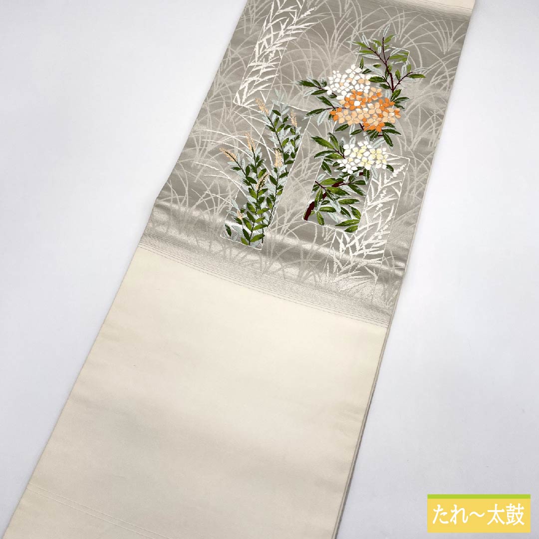 名古屋帯 正絹 Aランク 短冊 西陣織 草花模様 帯丈358cm ポイント柄 セミフォーマル 銀系 1124010213322 開き仕立て