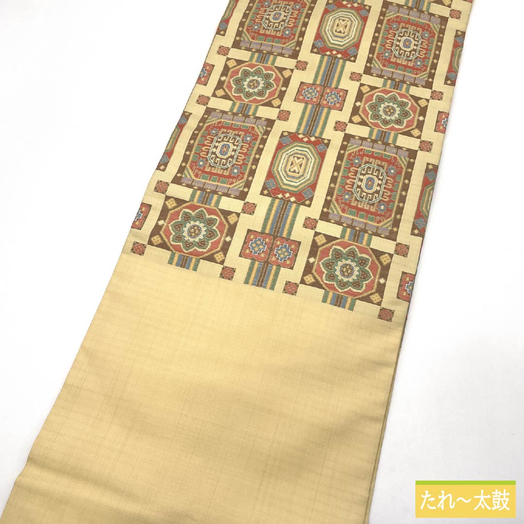 名古屋帯 正絹 Sランク 密陀僧色（みつだそういろ） 西陣織 幾何学模様  帯丈369cm ポイント柄 カジュアル 黄系 1124010412323 名古屋仕立て