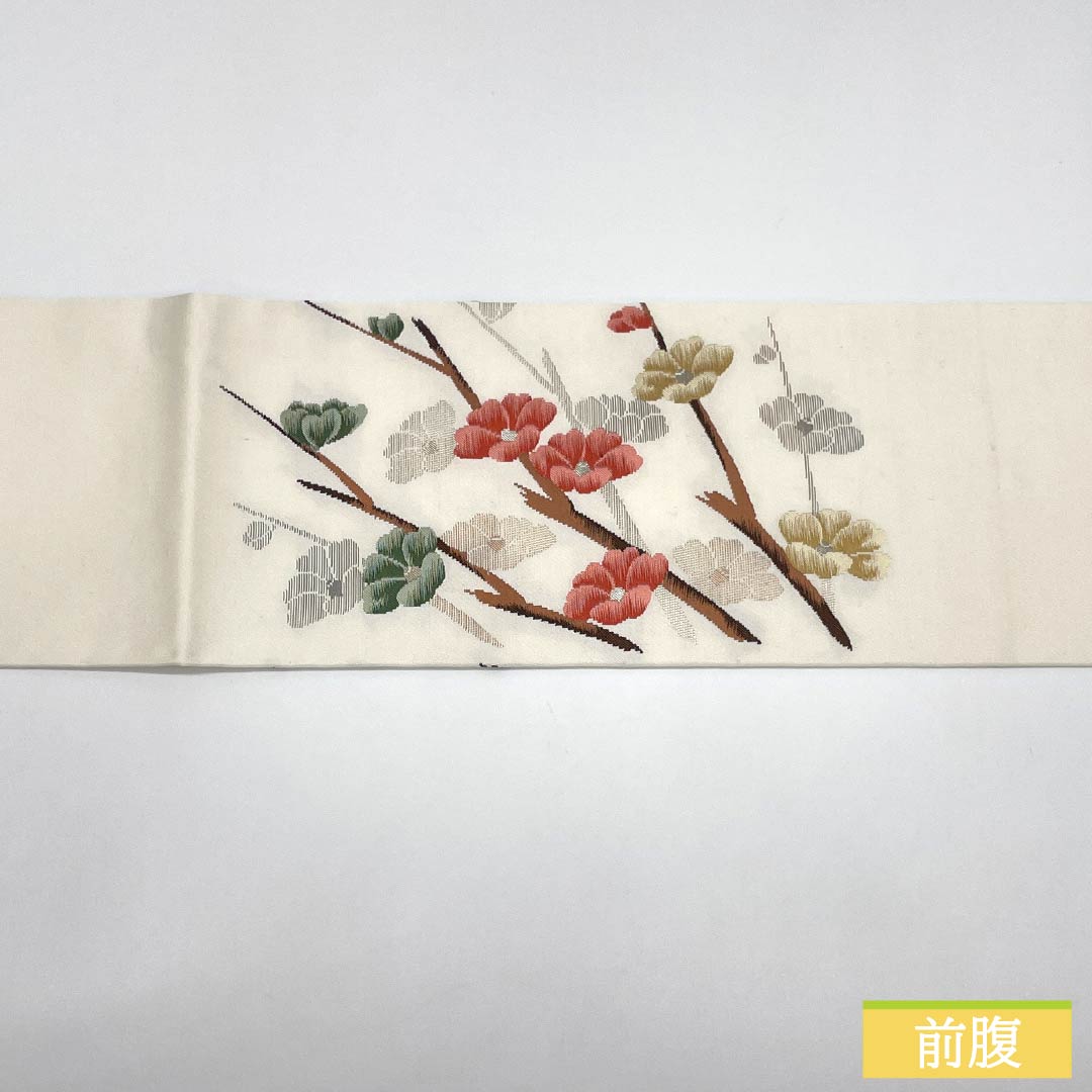 名古屋帯 正絹 Aランク 山茶花 西陣織 紬地 帯丈363cm ポイント柄 カジュアル 白系 1124010153311 名古屋仕立て