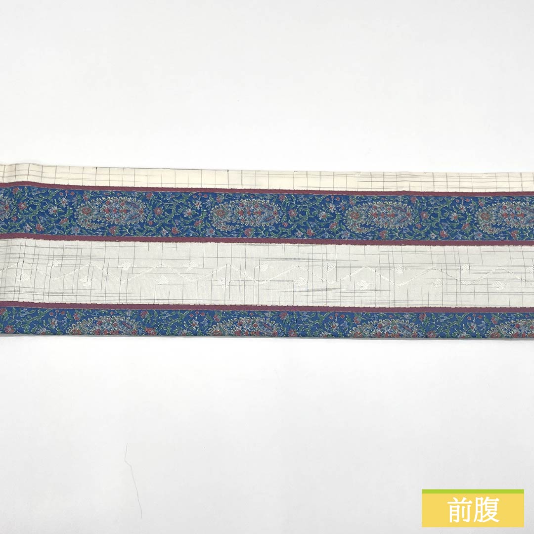 名古屋帯 正絹 Sランク 縞 西陣織 更紗模様 帯丈361cm ポイント柄 カジュアル 白系 1124010332311 名古屋仕立て