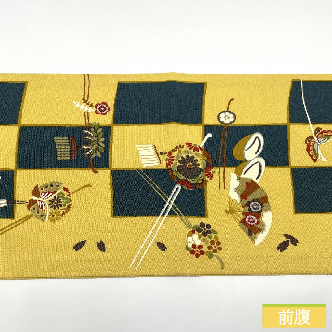 名古屋帯 正絹 Sランク 卵色（たまごいろ） 市松 染め帯 かんざし 帯丈350cm 全通 カジュアル 黄系 1124009962323 開き仕立て