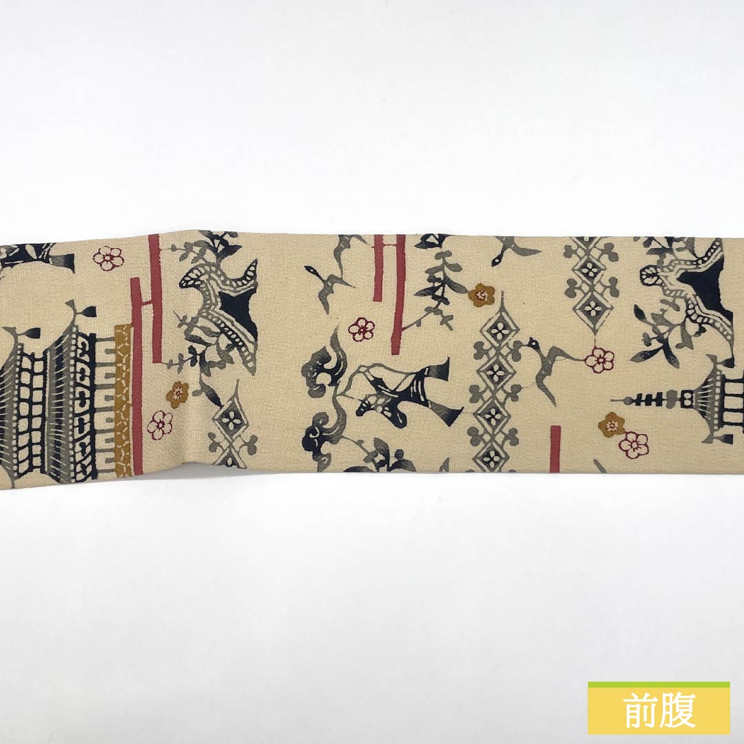 名古屋帯 正絹 Aランク 生成り色（きなりいろ） 京紅型 染め帯 琉球模様 帯丈343cm 六通 カジュアル クリーム系 1124009883315 名古屋仕立て