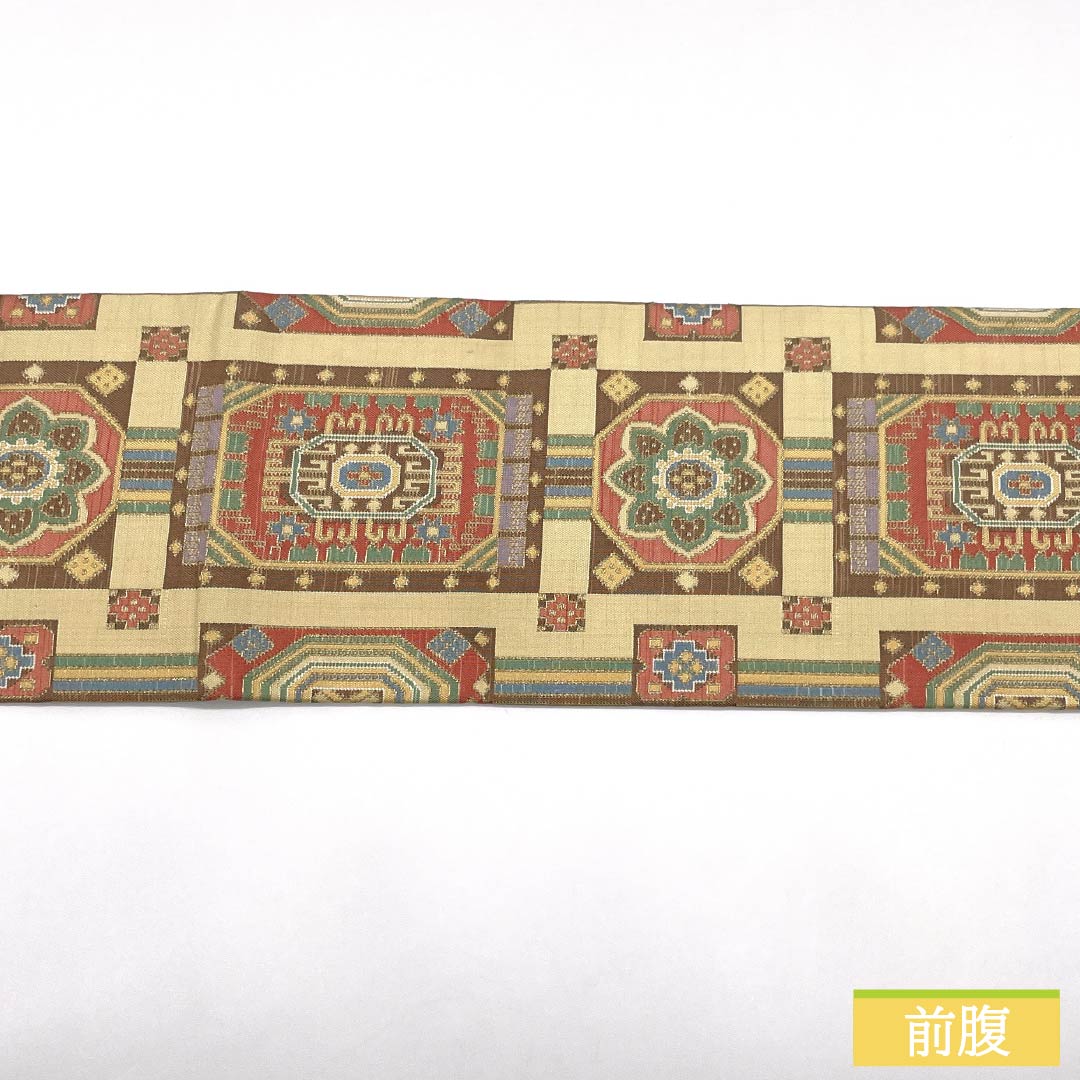 名古屋帯 正絹 Sランク 密陀僧色（みつだそういろ） 西陣織 幾何学模様  帯丈369cm ポイント柄 カジュアル 黄系 1124010412323 名古屋仕立て