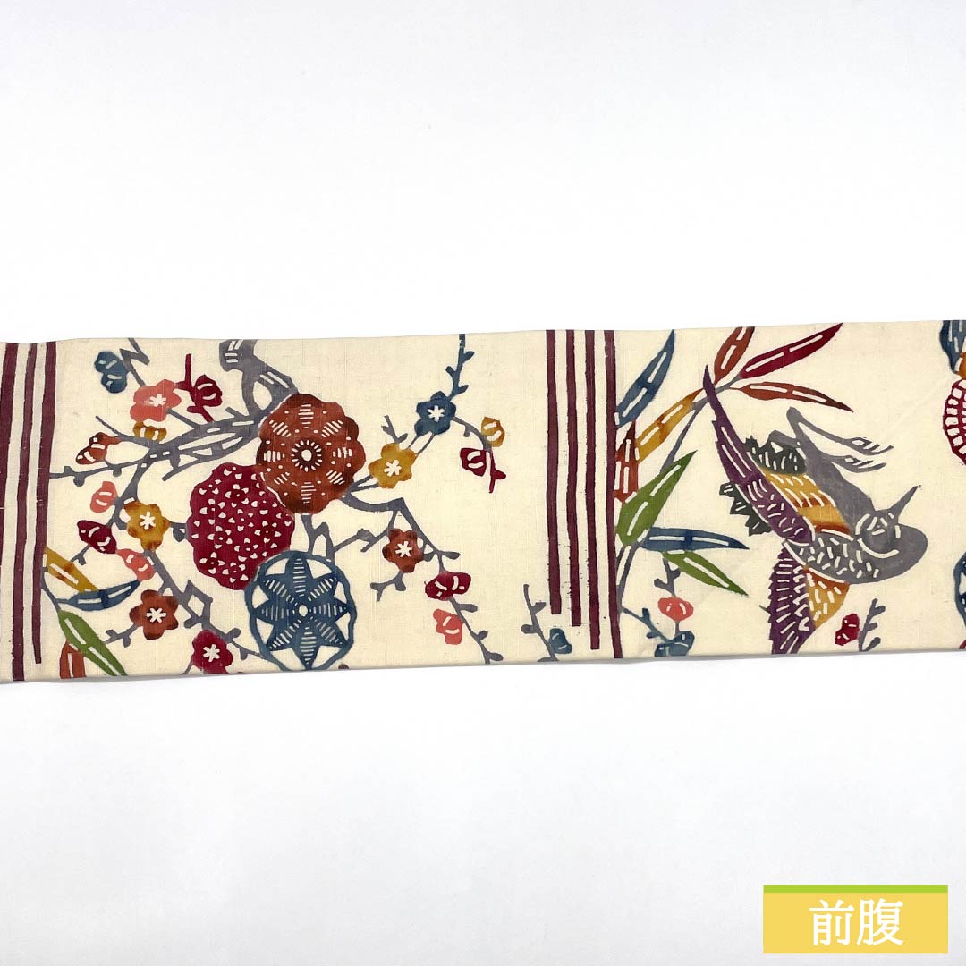 名古屋帯 正絹 Bランク 京紅型 紬地 染め帯 琉球模様 帯丈375cm 六通 カジュアル 白系 1124009854311 名古屋仕立て