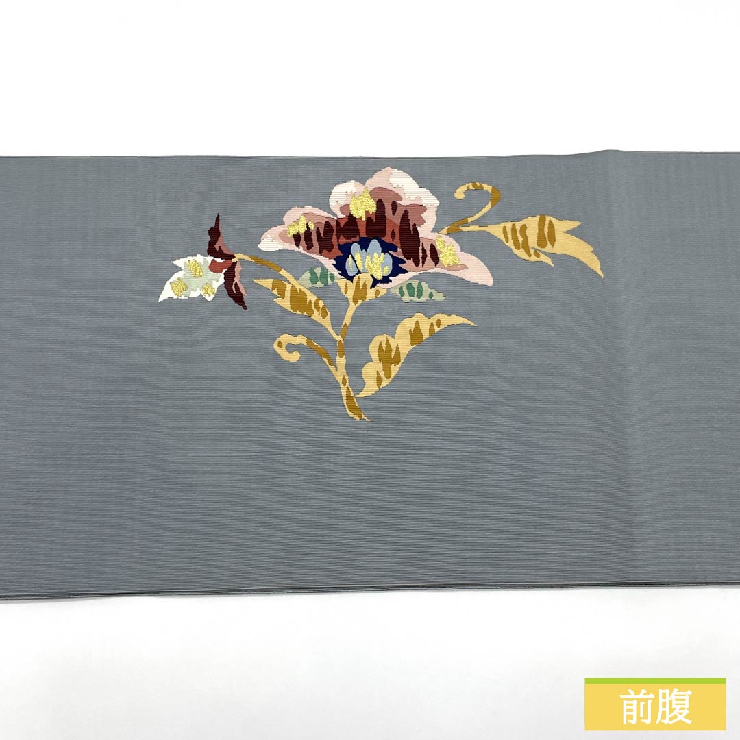 名古屋帯 正絹 Sランク 灰青色（はいあおいろ） 綴れ織 抽象花模様 帯丈356cm ポイント柄 セミフォーマル グレー系 1124010362322 松葉仕立て