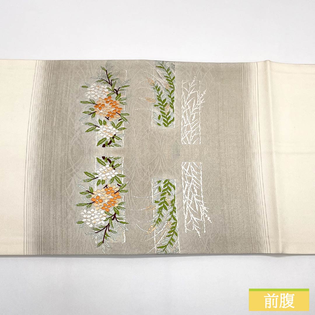 名古屋帯 正絹 Aランク 短冊 西陣織 草花模様 帯丈358cm ポイント柄 セミフォーマル 銀系 1124010213322 開き仕立て