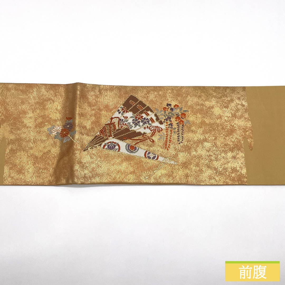 名古屋帯 正絹 Sランク 引箔 西陣織 亀甲 扇 帯丈347cm ポイント柄 セミフォーマル 金系 1124010192321 名古屋仕立て