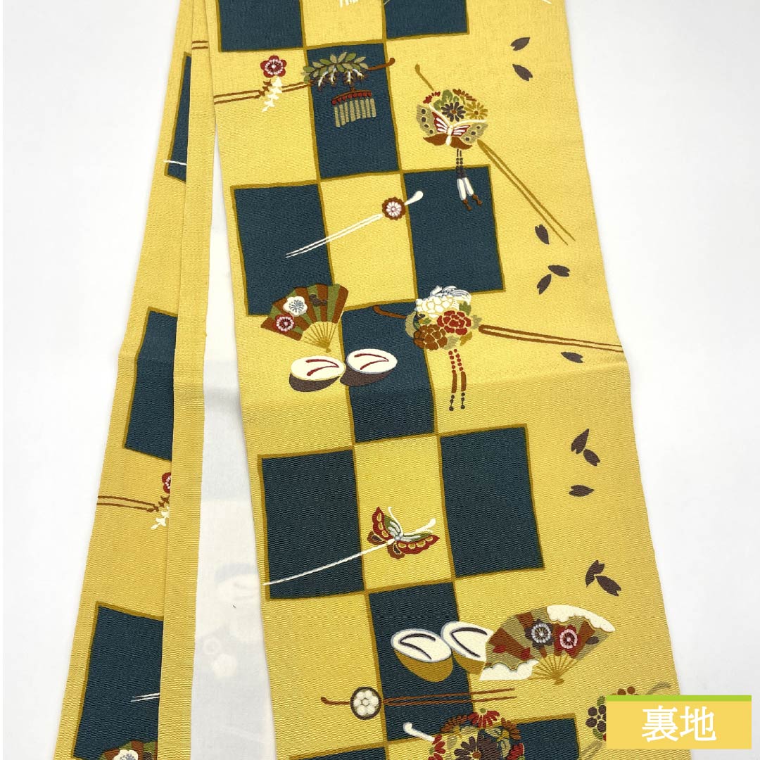 名古屋帯 正絹 Sランク 卵色（たまごいろ） 市松 染め帯 かんざし 帯丈350cm 全通 カジュアル 黄系 1124009962323 開き仕立て