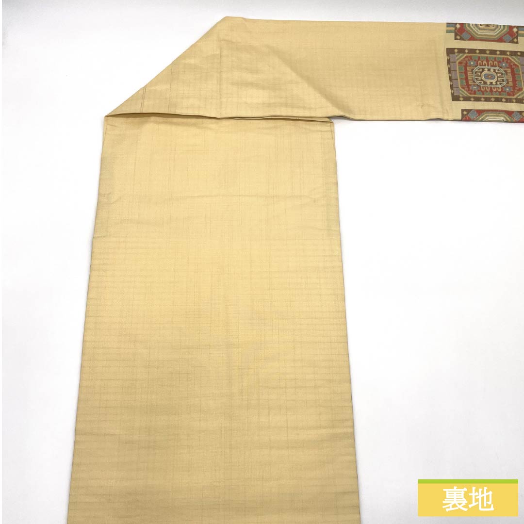 名古屋帯 正絹 Sランク 密陀僧色（みつだそういろ） 西陣織 幾何学模様  帯丈369cm ポイント柄 カジュアル 黄系 1124010412323 名古屋仕立て