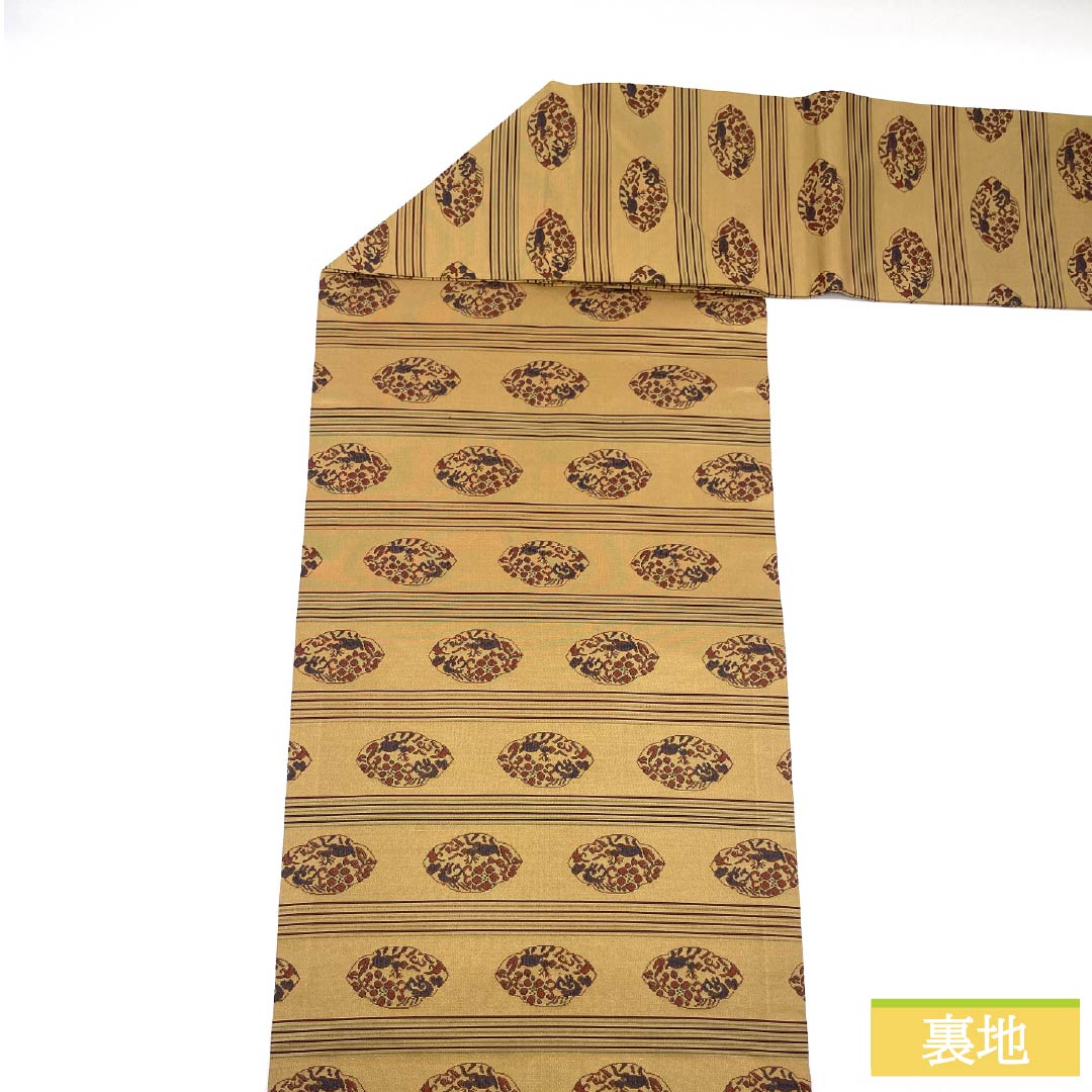名古屋帯 正絹 Sランク 薄柑子色（うすこうじいろ） 紹巴織 正倉院文様 帯丈350cm 全通 カジュアル 黄系 1124010002323 名古屋仕立て